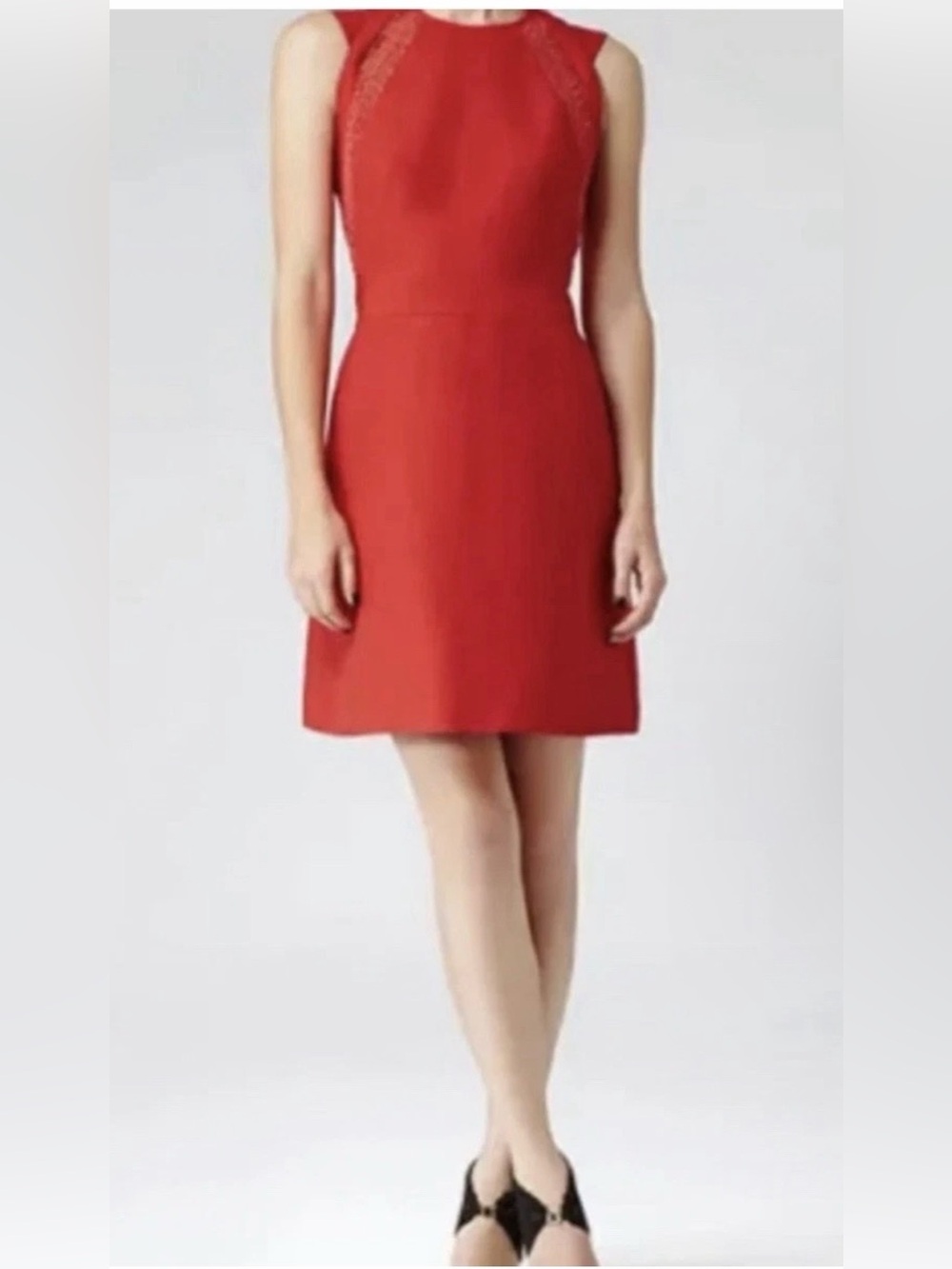 $325 Reiss Nikita Poinsettia Red Lace Trim Fit & Flare Dress US 8 UK 12 NEW R634